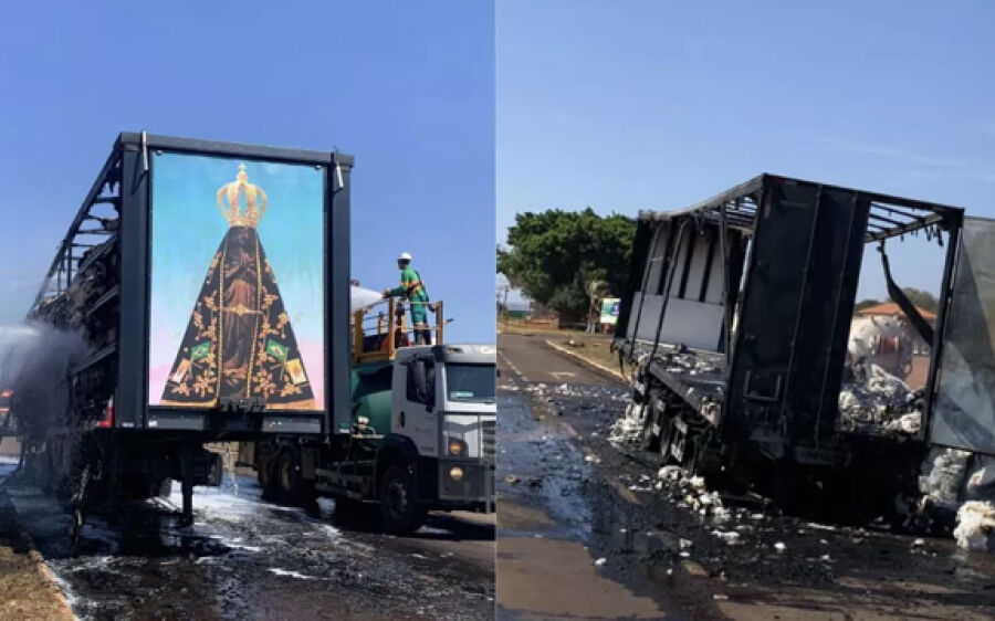 Painel de Nossa Senhora Aparecida fica intacto após fogo destruir carreta de algodão