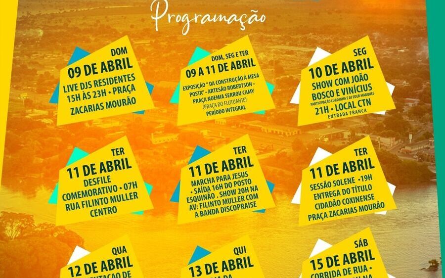 Coxim comemora 125 anos com shows, atividades esportivas e culturais