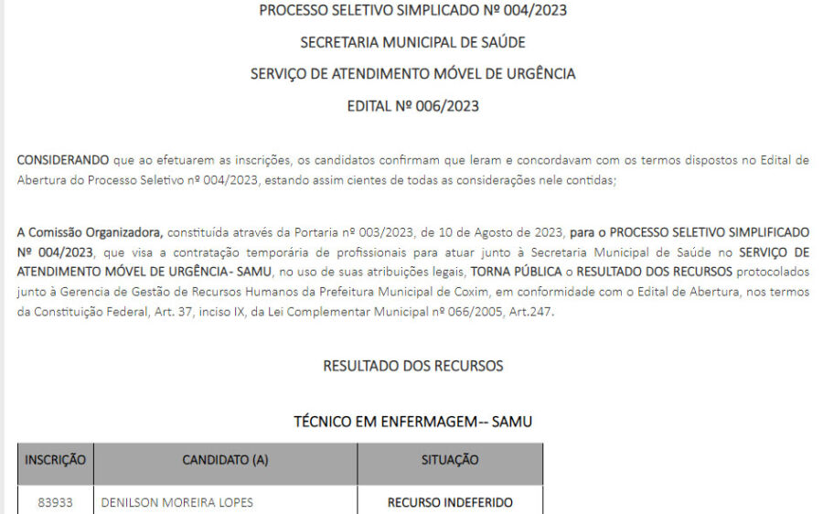 Divulgado o resultado dos recursos do processo seletivo para o SAMU de Coxim
