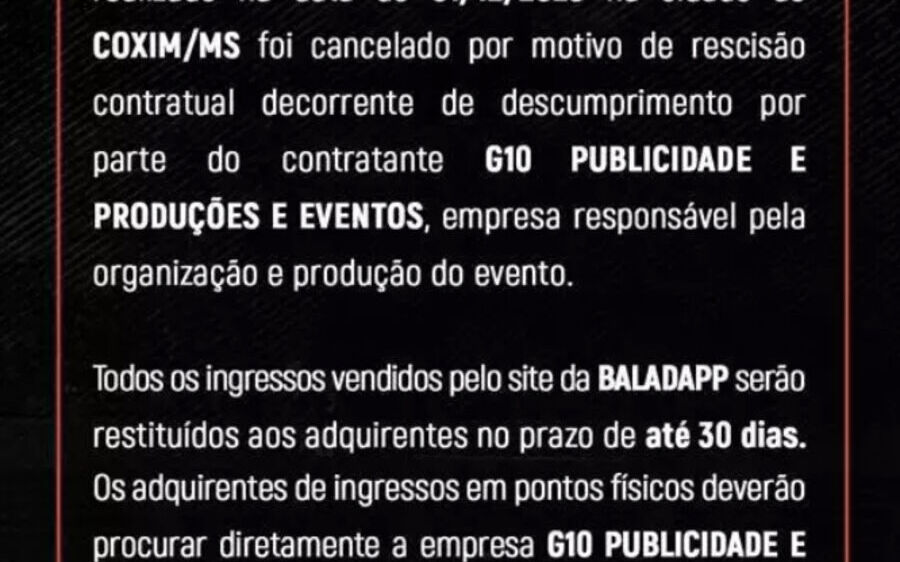 Show de Gusttavo Lima é cancelado e fãs já podem resgatar valor do ingresso