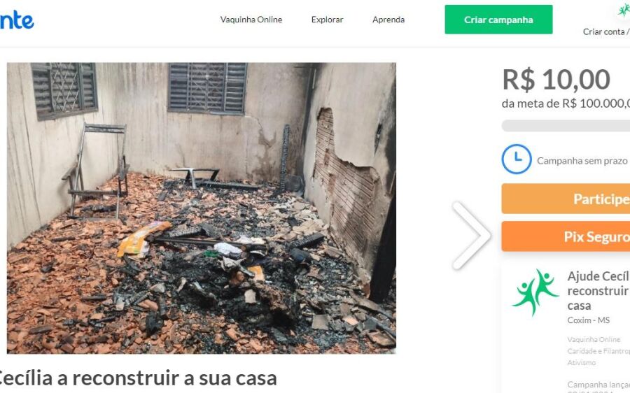 Comunidade promove vaquinha para reconstruir casa destruída em incêndio em Coxim