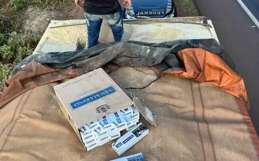 Carga com 800 caixas de cigarro é interceptada em meio a farelo