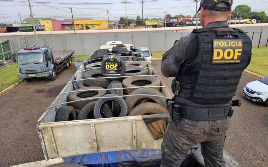 Pneus contrabandeados que seguiam para Goiás em carga lícita são apreendidos na MS-164