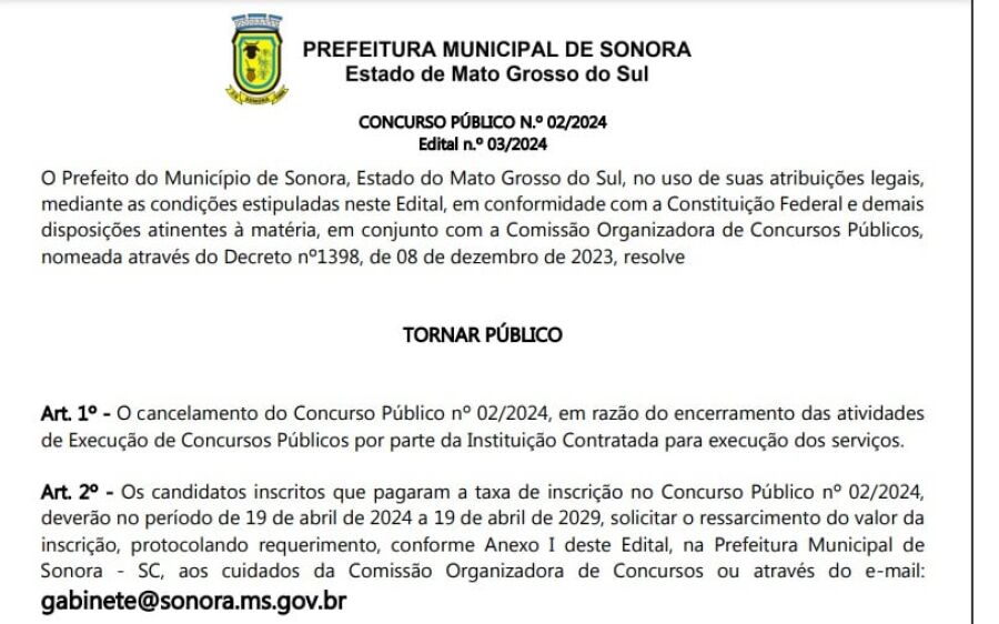 Banca cancela concursos da Câmara e Prefeitura de Sonora