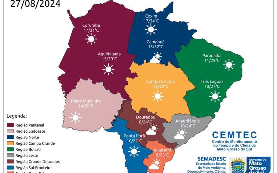Tempo firme retorna ao MS e semana inicia com temperaturas amenas e baixa umidade
