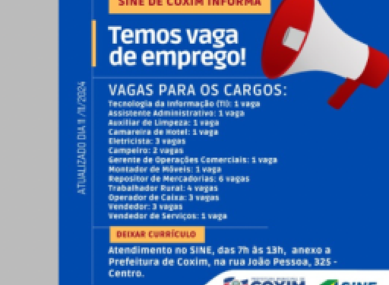 Sine de Coxim atende em novo endereço e anuncia novas oportunidades de emprego